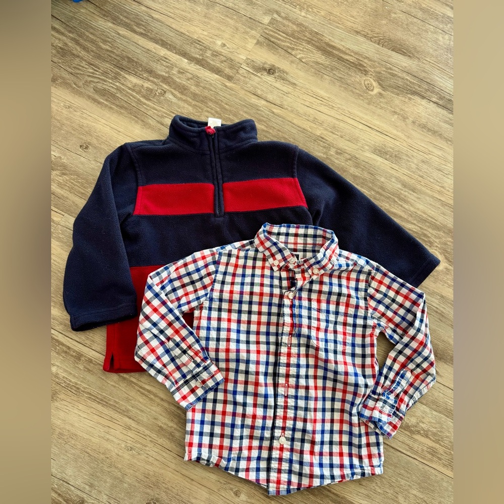 Janie and Jack 2t lot with 3/4 zip up fleece and red, white & blue plaid shirt.